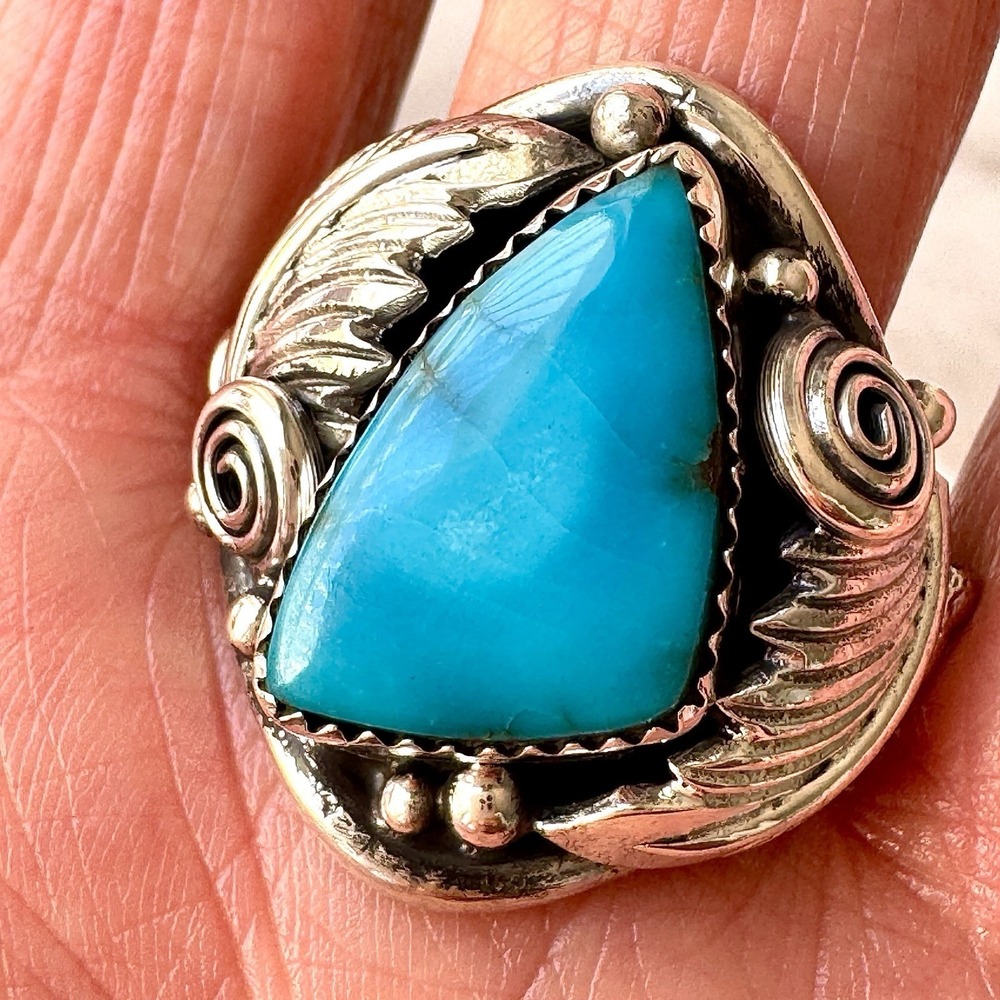Navajo Turquoise Mens Ring Sz 12 Leaf Feather Signed Morgan Sterling Native Amer